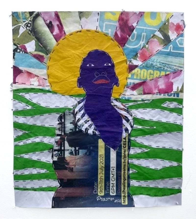 Solomon Adu, Sun Uprising, 2023, Ballpoint pen on discarded vinyl banners with stitching, 32 x 28 in.