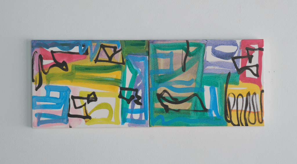 Melissa Meyer, Shuffle Along #1, 2024, Oil on canvas, diptych, 9 x 24 in.