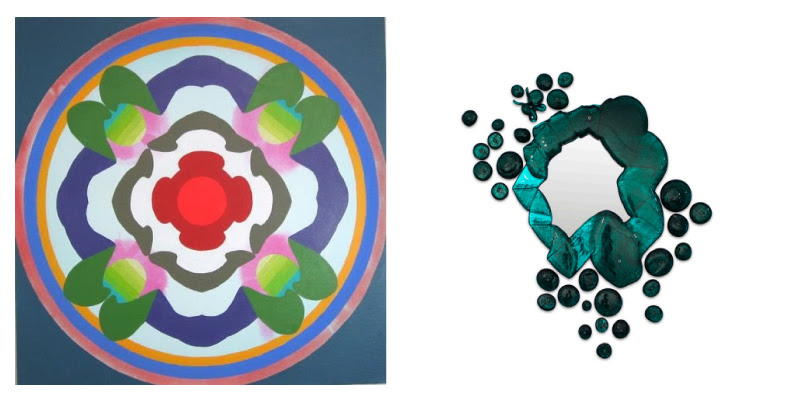 left: Stephen Mueller, Untitled (885), 2007, Acrylic on canvas, 24 x 24 in. right: Rob Wynne, Green Thought, 2024, Poured and mirrored glass, 31 x 22 in.