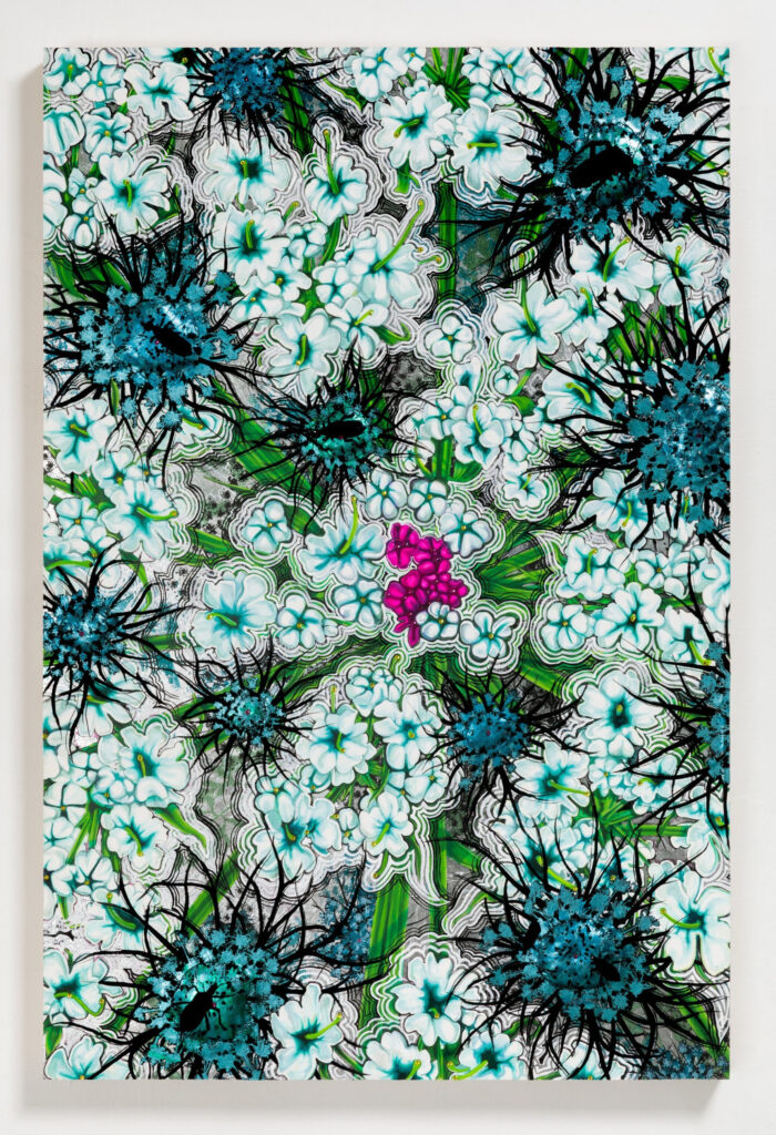 Sarah Fairchild, Flower Remedy - Queen Anne's Lace, 2025, Acrylic, metallic textile foils, silkscreen, nylon flocking (velvet), fabric, thread and crystals on paper mounted on panel. Fabric flowers stuffed with fabric and sewn to the surface), 36 x 24 in.