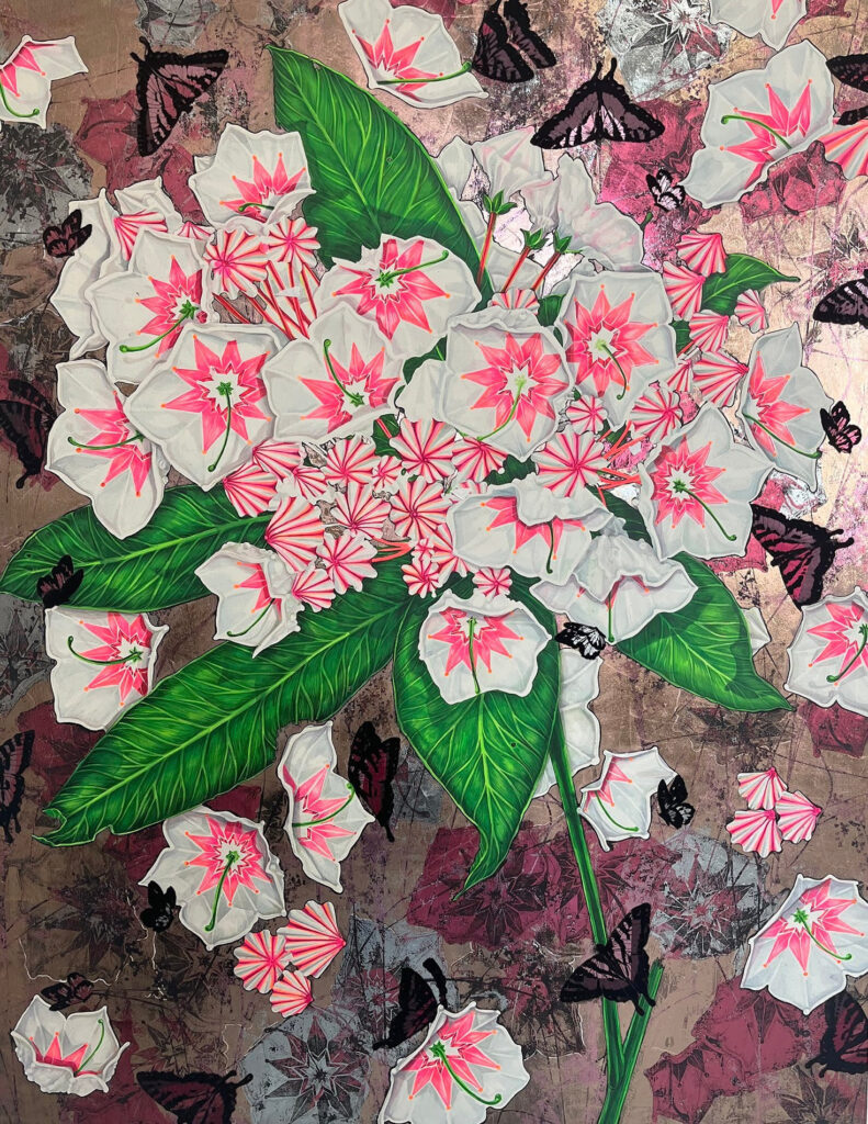 Sarah Fairchild, Mountain Laurel, 2022, Acrylic, silkscreen, metallic foils, fabric collage, flocking on paper mounted on panel, 44.75 x 34.75 in.