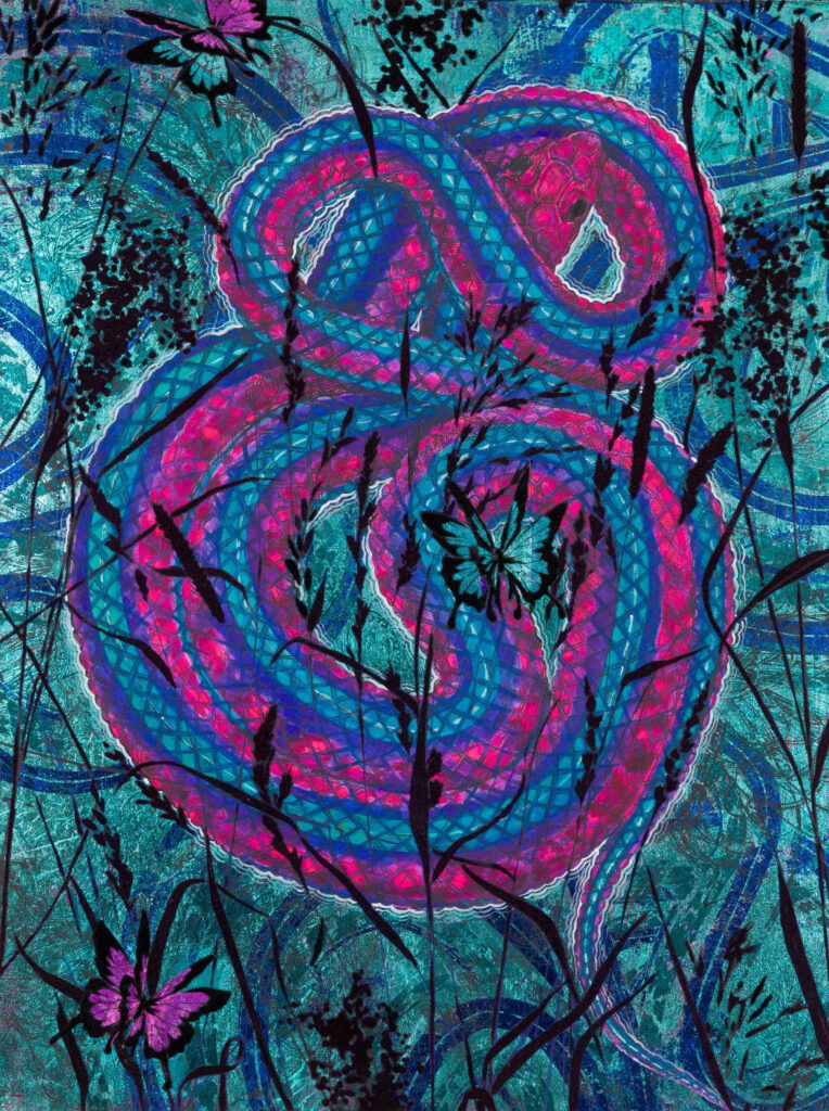 Sarah Fairchild, Garter Snake, 2023, Acrylic, silkscreen, fabric collage, metallic foil, nylon flocking on paper, mounted on panel, 24 x 18 in.