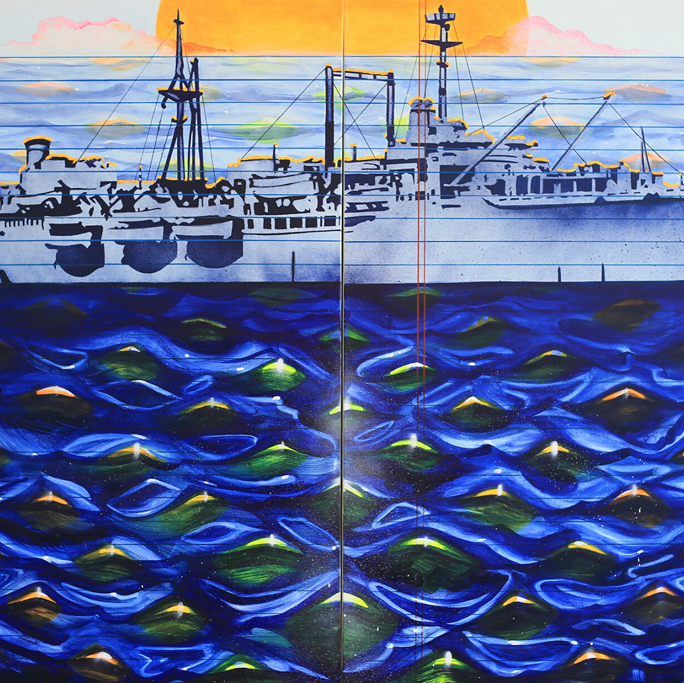 Daina Higgins, From Europe to the Technicolor World, 2023, Oil, acrylic spray paint on canvas (diptych), 33 x 50 in.