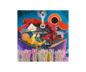 Nikos Fyodor Rutkowski Everything Counts 2020, Acrylic with collaged clothing patterns on panel, 48 x 48 inches
