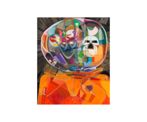 Nikos Fyodor Rutkowski Stuck in our Heads 2020, Acrylic on canvas with collage of clothing pattern pieces, 49 1/2 x 41 inches
