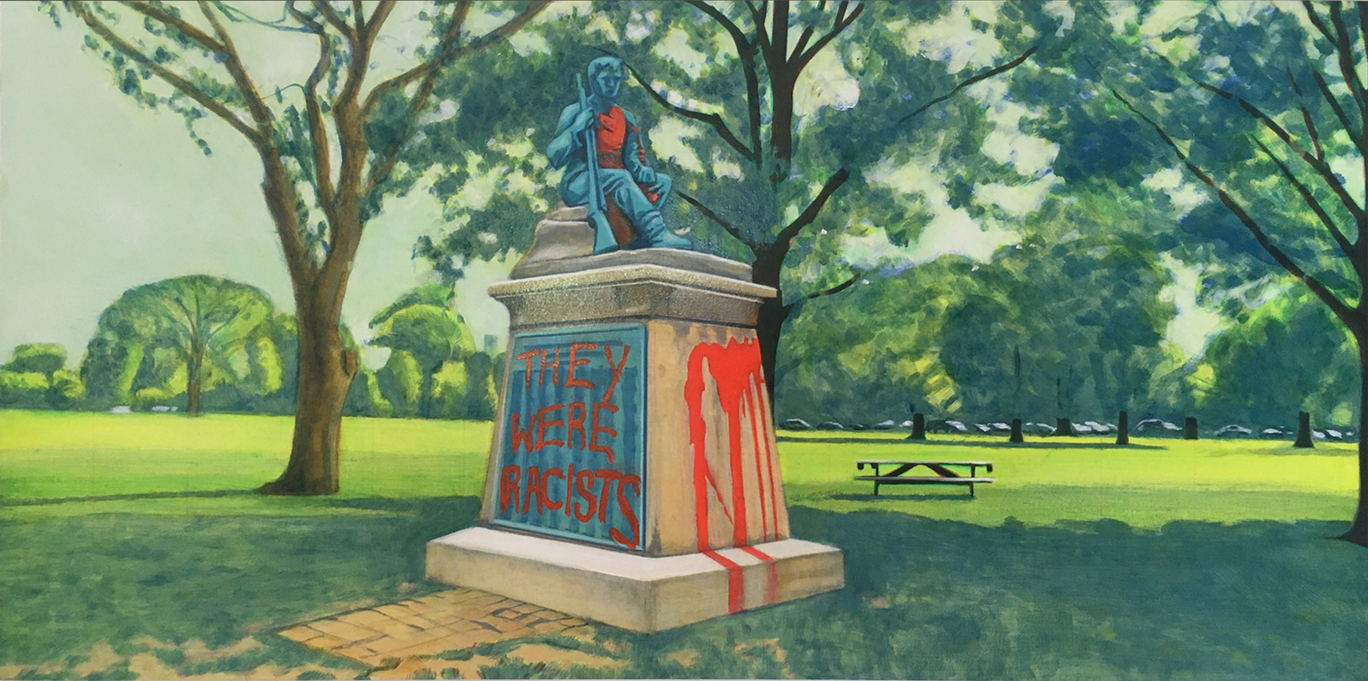 Daina Higgins, They Were Racists/Monument to Confederate Soldiers, Nashville TN, 2021, Oil on panel, 15 x 30 in.
