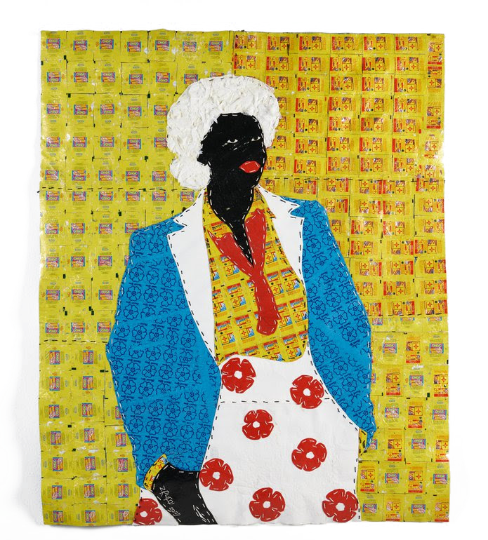 Rufai Zakari, Toni in Blue Suit, 2023, Recycled plastics with hand stitching, 44⅛ x 35⅞ in.