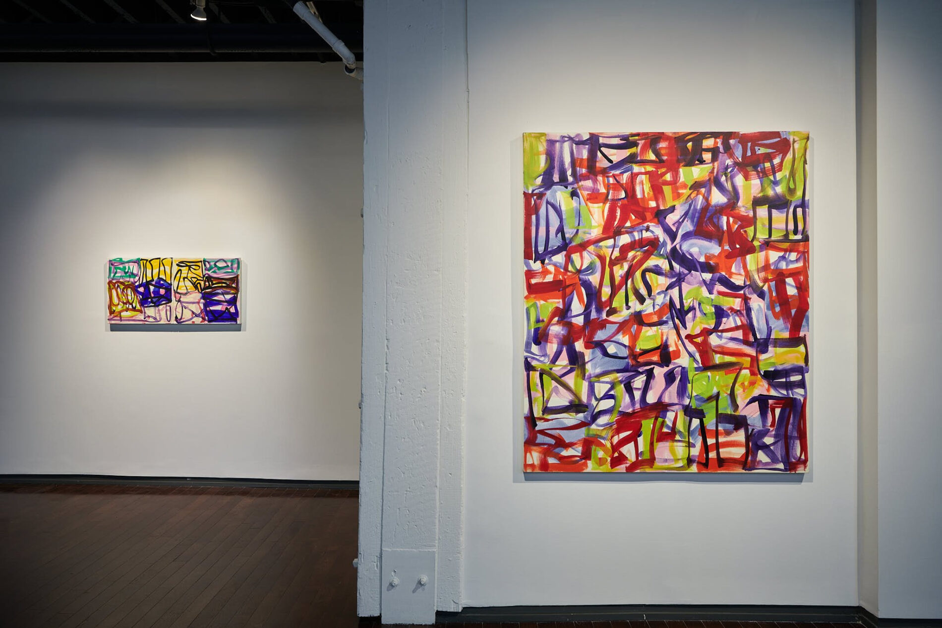 left: Melissa Meyer, Chelsea Quickstep III, 2022, Oil on canvas, 20x40 in. right: Melissa Meyer, Living in the City, 2016, Oil on canvas, 60x50 in.