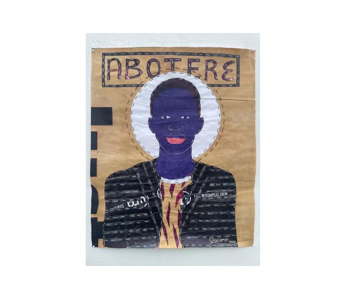Solomon Adu, Qwaku Black (Abotere), 2023, Ballpoint pen on discarded vinyl banners with stitching, 36 x 29½ in.
