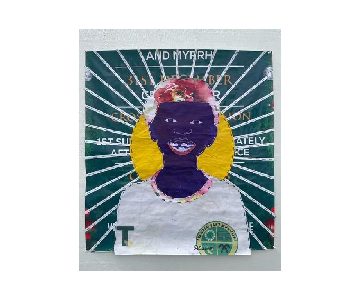 Solomon Adu, Uprising Smile, 2023, Ballpoint pen on discarded vinyl banners with stitching, 33½ x 31¼ in.