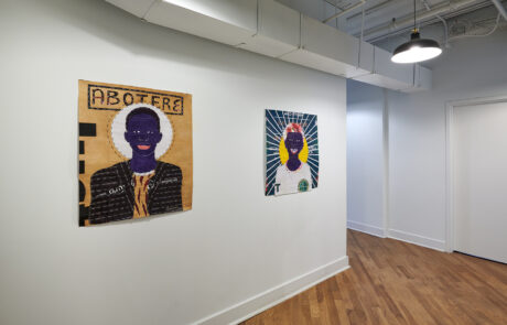 Summetime Exhibition shot. Left: Solomon Adu, Qwaku Black (Abotere), 2023, Ballpoint pen on discarded vinyl banners with stitching, 36 x 29½ in. Right: