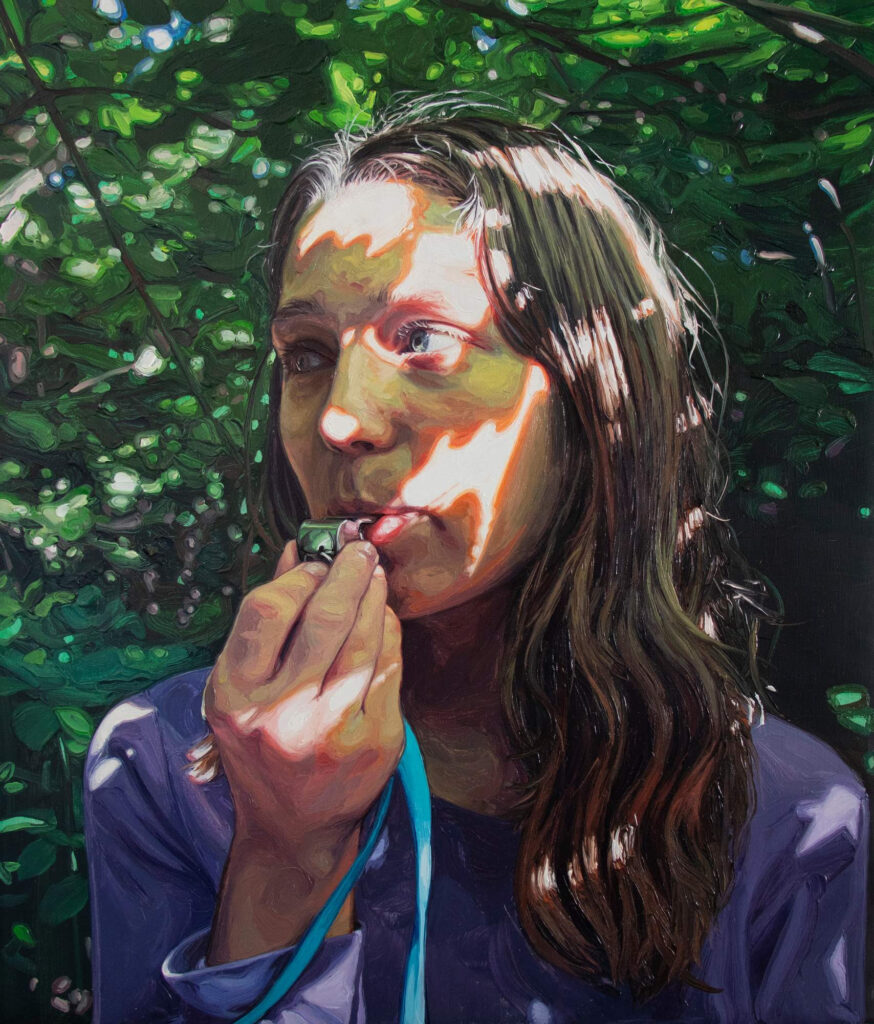 Laura Sanders, Whistle Blower, 2022, Oil on linen, 21 x 18 in.