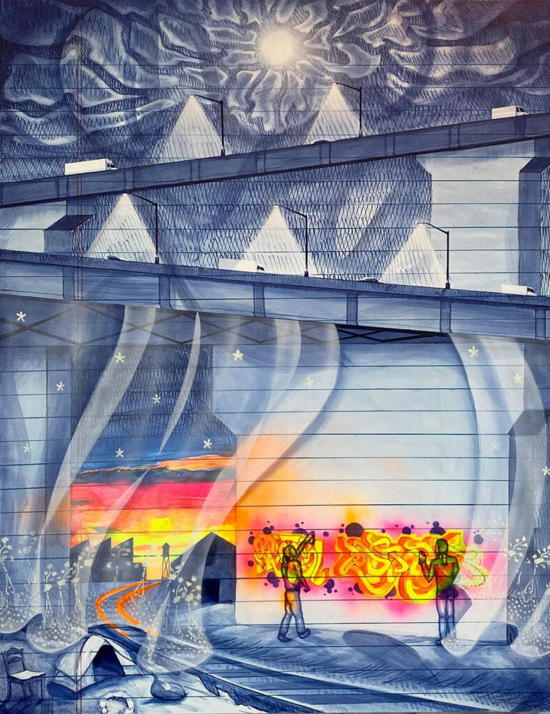 Daina Higgins, Growing Up Graffiti, 2024, Oil, acrylic and spray paint on canvas, 54 x 42 in. Daina Higgins, Growing Up Graffiti, 2024, Oil, acrylic and spray paint on canvas, 54 x 42 in.