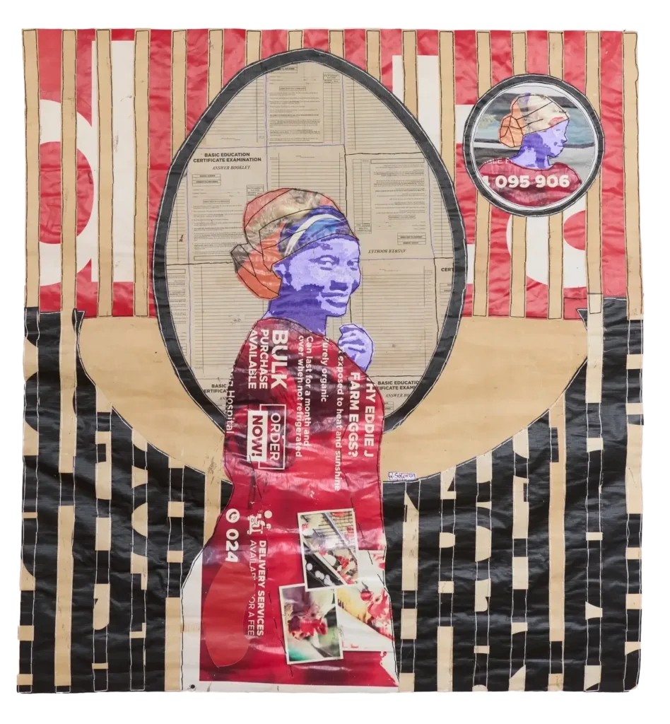 Solomon Adu, Mma Fusena, 2024, Paper, pen on vinyl banner with stitch, 64 x 57 in.