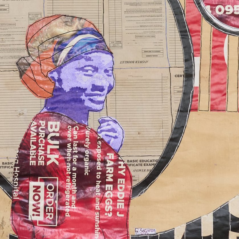 Detail: Solomon Adu, Mma Fusena, 2024, Paper, pen on vinyl banner with stitch, 64 x 57 in. Detail: Solomon Adu, Mma Fusena, 2024, Paper, pen on vinyl banner with stitch, 64 x 57 in.