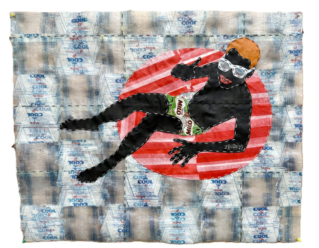 Rufai Zakari, Pool Day 3, 2025, Recycled plastics with hand stitching, 30 x 37 in.