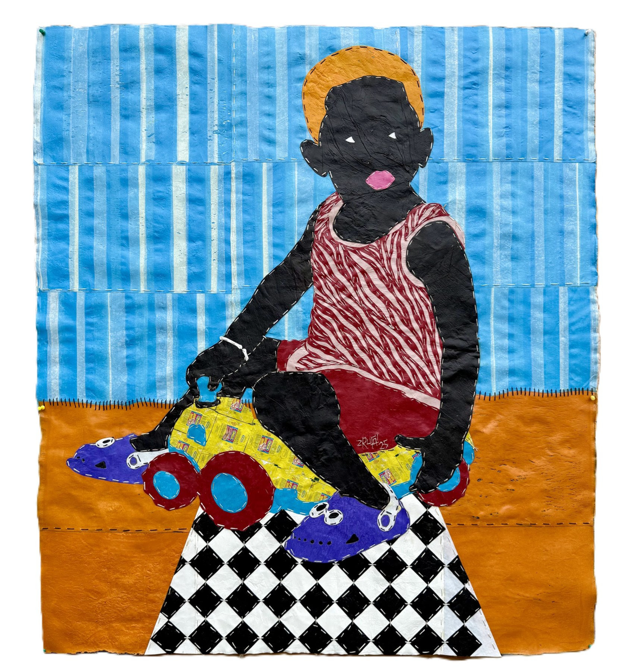 Rufai Zakari, Cissay and His Car 1, 2025, Recycled plastics with hand stitching, 47 x 42 in.