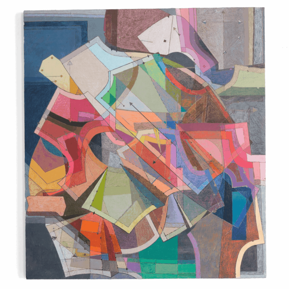 Nikos Rutkowski, <em>BASILISK #2</em>, 2025, Colored pencil, acrylic, and sewing pattern collage on panel, 34½ x 30½ in. Nikos Rutkowski, BASILISK #2, 2025, Colored pencil, acrylic, and sewing pattern collage on panel, 34½ x 30½ in.