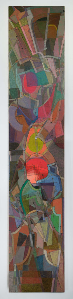 Nikos Rutkowski, SINGULARITY #1, 2025, Colored pencil, acrylic, and sewing pattern collage on panel, 87 x 15 in.