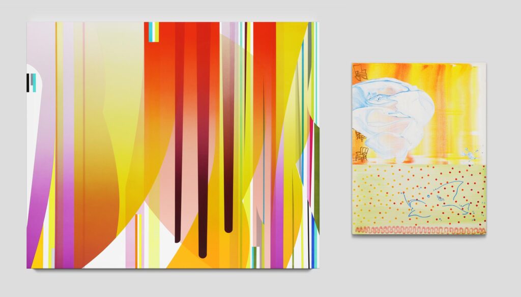 left: Dion Johnson, Dazzle, 2024, Acrylic on canvas, 40 x 48 in. right:Dion Johnson, Almost Unraveled, 2001, Acrylic on Stonehenge paper mounted on plexi, 24 x 18 in.