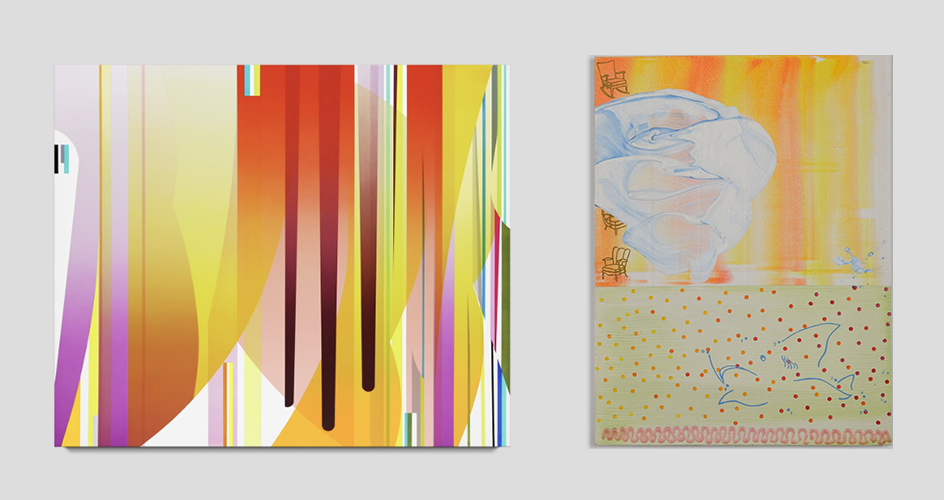 left: Dion Johnson, Dazzle, 2024, Acrylic on canvas, 40 x 48 in. right:Dion Johnson, Almost Unraveled, 2001, Acrylic on Stonehenge paper mounted on plexi, 24 x 18 in.