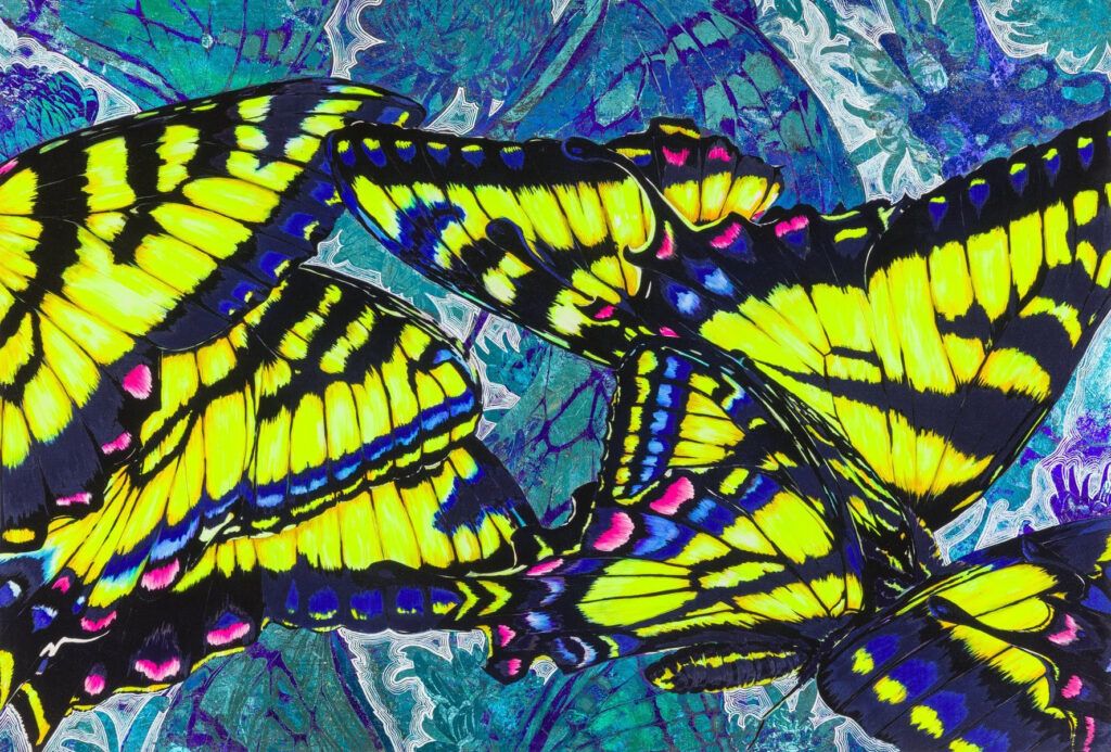 Sarah Fairchild, Puddling, 2023, Acrylic, silkscreen, collage, metallic foil, nylon flocking on paper, mounted on panel, 35¼ x 51½ in.