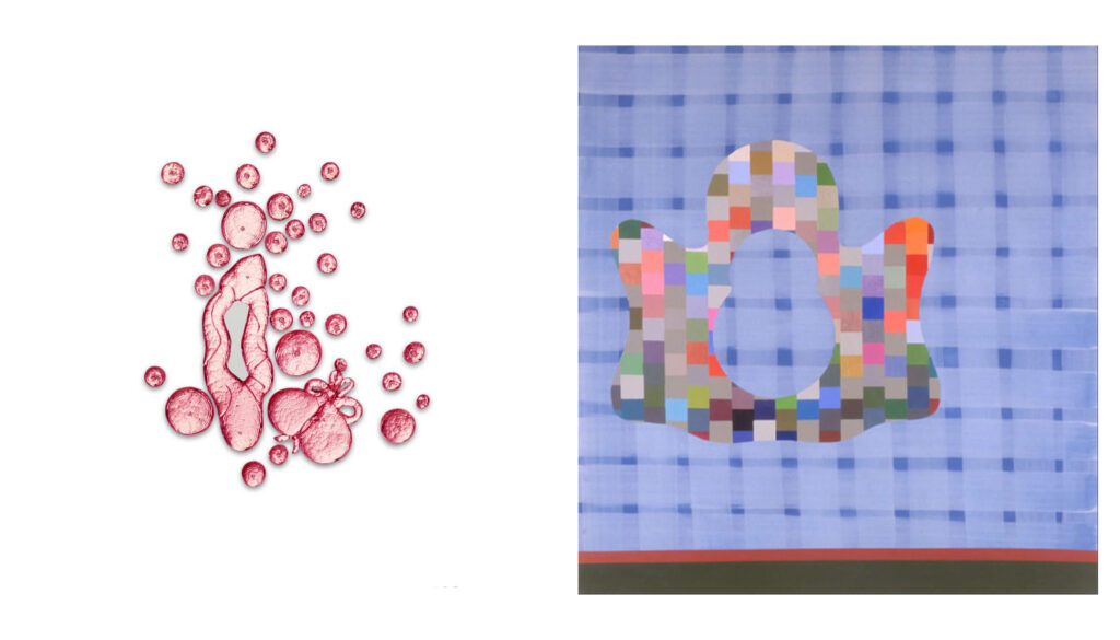 left: Rob Wynne, PINK DAY, 2025, poured and mirrored glass/with mirrored inserts, 24x19 in right: Stephen Mueller, 611 Walls Can Fall, 1999, Acrylic on canvas, 50x48 in.