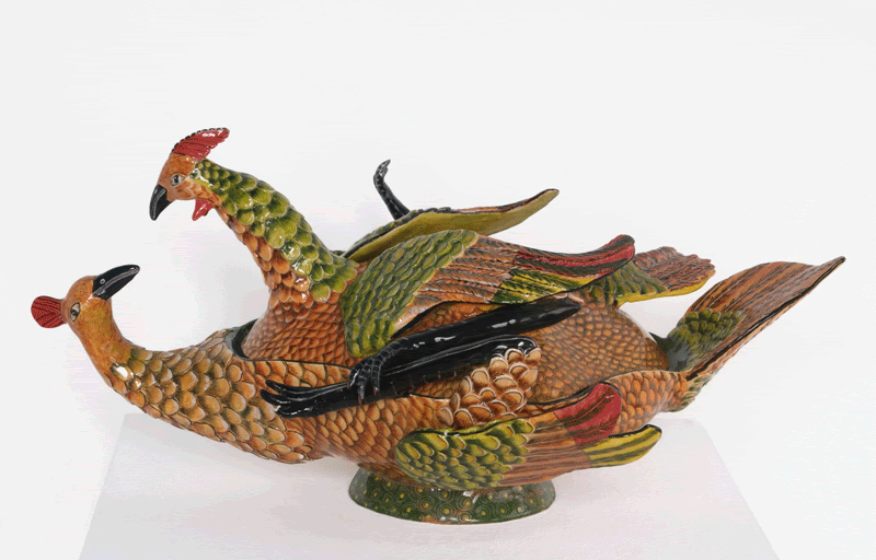 Ardmore, Mating Cranes vessel by sculptor Victor Shabalala and painter Roux Gwala, 2005, hand-painted ceramics, 12 x 23 x 18 in.