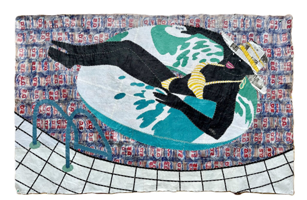 Rufai Zakari, Pool Day 1, 2025, Recycled plastics with hand stitching, 57¾ x 88¼ in.