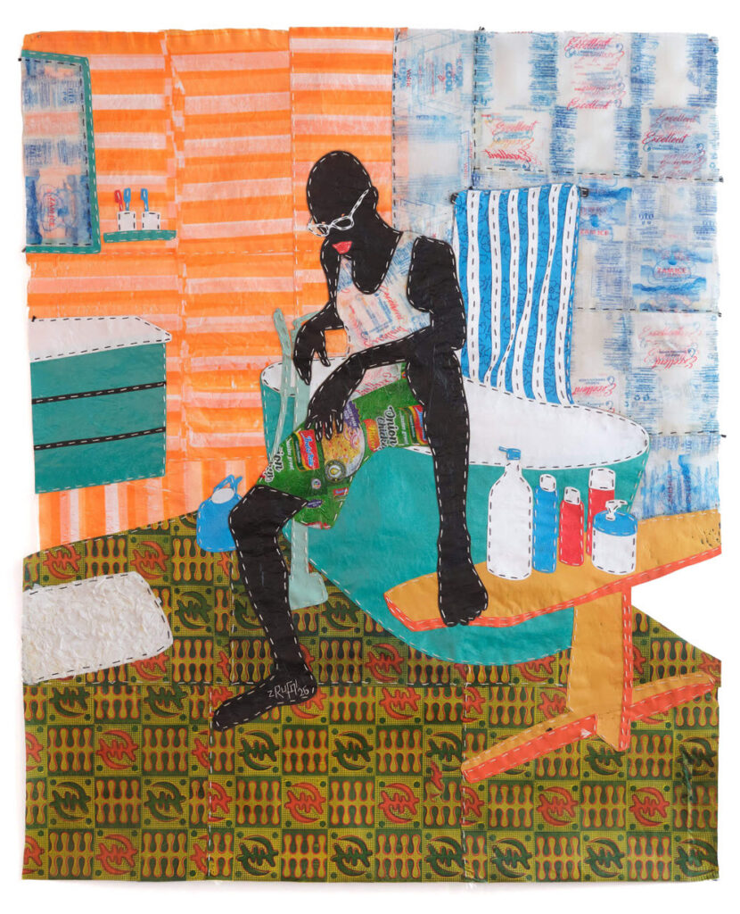 Rufai Zakari, Lone With My Thoughts, 2026, Recycled plastics with hand stitching, 55 x 45 in.