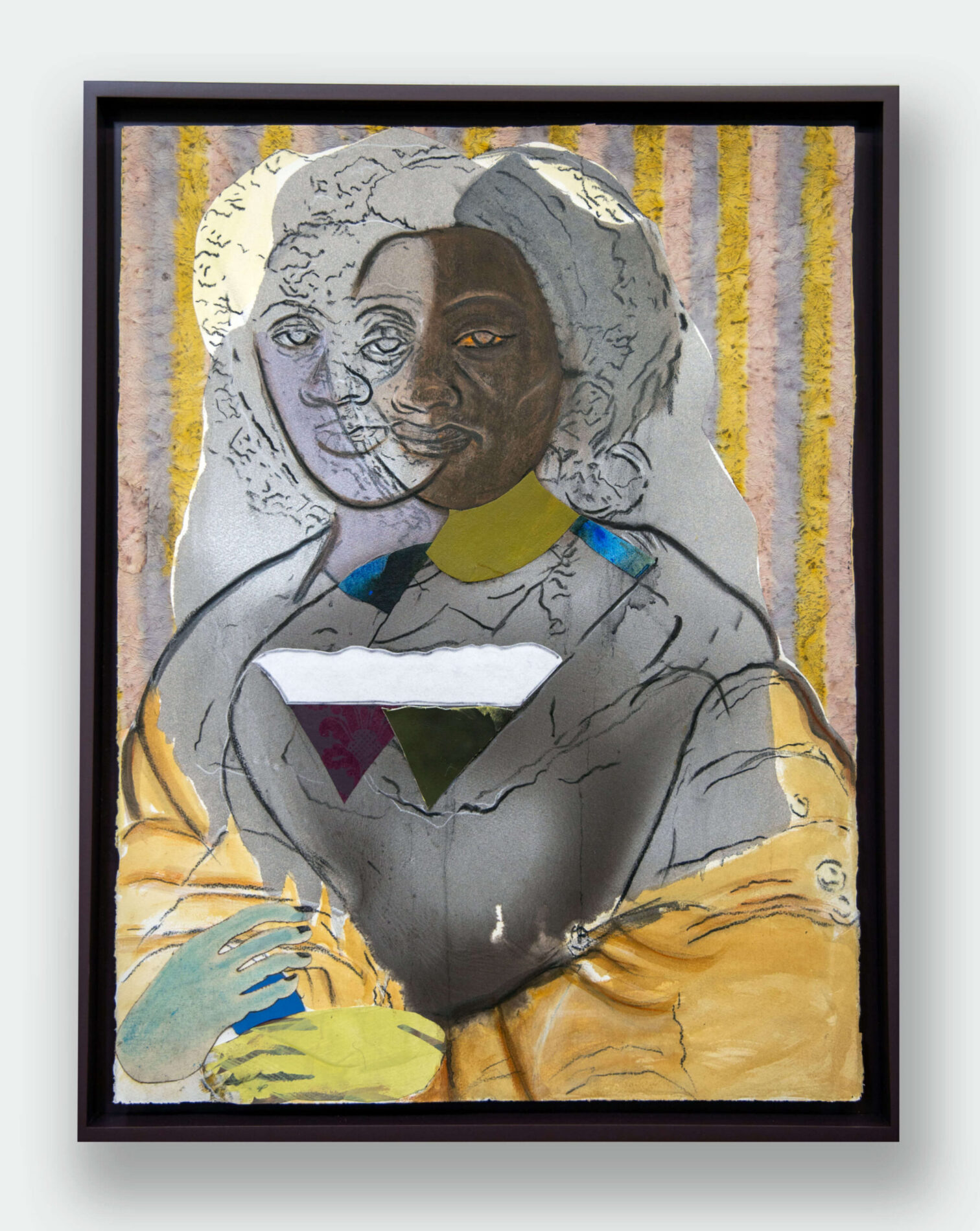 David Shrobe, It’s Not All That Glitters, 2024, Oil, acrylic, charcoal, painted canvas and paper, leather, printed paper, flocking on archival watercolor paper, and wood frame, 32 x 24½ x 1¾ in., 32 x 24½ x 1¾ in. (framed) David Shrobe, It's Not All That Glitters, 2024, Oil, acrylic, charcoal, painted canvas and paper, leather, printed paper, flocking on archival watercolor paper, and wood frame, 32 x 24½ x 1¾ in., 32 x 24½ x 1¾ in. (framed)