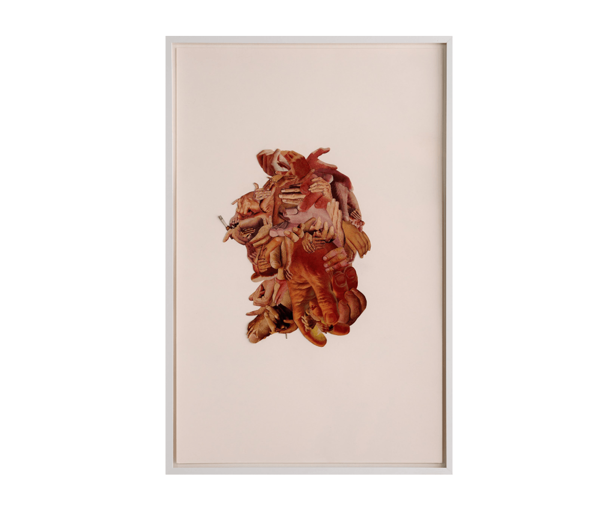 Justice Apple, <em>My Body Your Choice: The MadMen 2</em>, 2026, Vintage magazines from 1910-1990, watercolor paper, adhesive and an iron, 22 x 14 in., 23½ x 15½ in. (framed) Justice Apple, My Body Your Choice: The MadMen 2, 2026, Vintage magazines from 1910-1990, watercolor paper, adhesive and an iron, 22 x 14 in., 23½ x 15½ in. (framed)