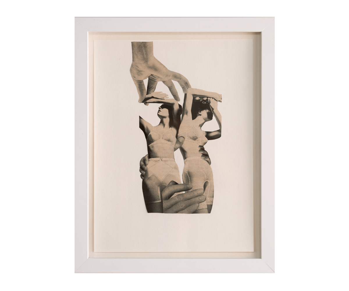 Justice Apple, <em>My Body Your Choice: Marionette</em>, 2025, Vintage magazines from 1910-1990, watercolor paper, adhesive and an iron, 12 x 9 in., 14¼ x 11¼ in. (framed) Justice Apple, My Body Your Choice: Marionette, 2025, Vintage magazines from 1910-1990, watercolor paper, adhesive and an iron, 12 x 9 in., 14¼ x 11¼ in. (framed)