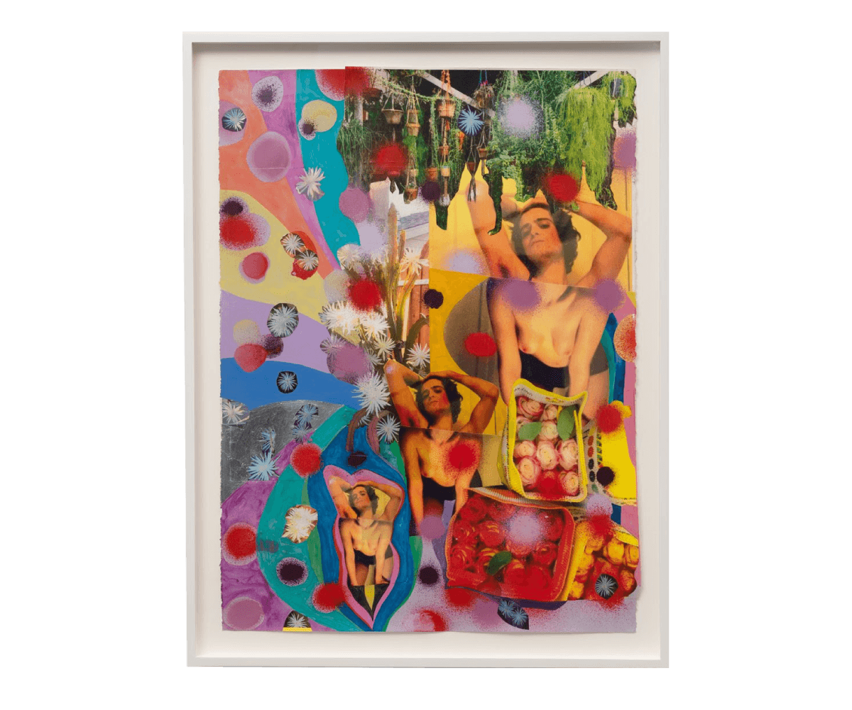 Sarah Cain, <em>Flora and fauna</em>, 2026, Color copy, silver leaf and acrylic on paper, 30 x 22 in. Sarah Cain, Flora and fauna, 2026, Color copy, silver leaf and acrylic on paper, 30 x 22 in.