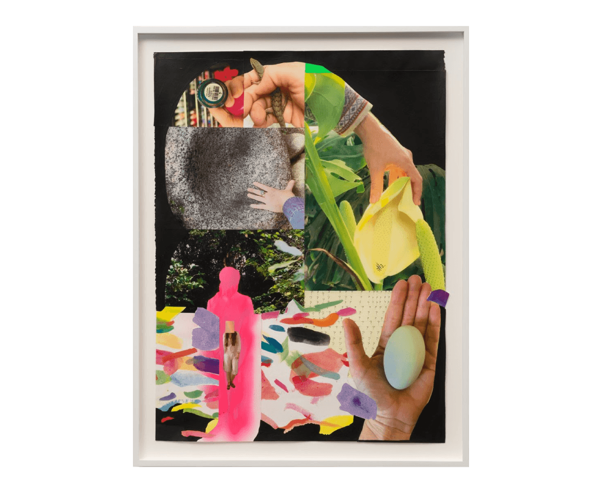 Sarah Cain, <em>In hand</em>, 2026, Color copy collage and acrylic on paper, 30 x 22 in. Sarah Cain, In hand, 2026, Color copy collage and acrylic on paper, 30 x 22 in.