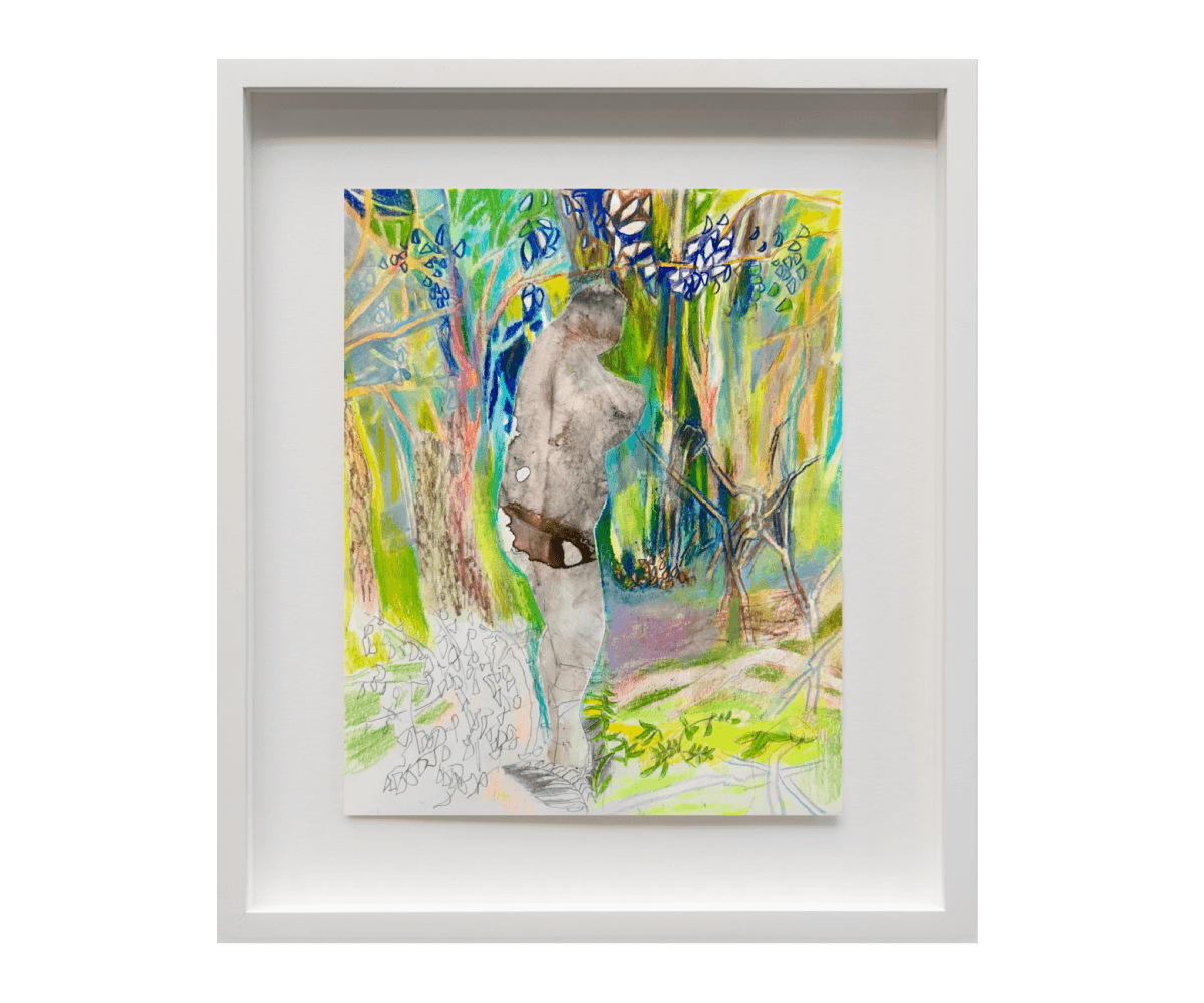 Jennifer Coates, <em>Sculpture in the Woods</em>, 2026, Mixed media on paper, 10 x 8 in., 15 x 12 in. (framed) Jennifer Coates, Sculpture in the Woods, 2026, Mixed media on paper, 10 x 8 in., 15 x 12 in. (framed)