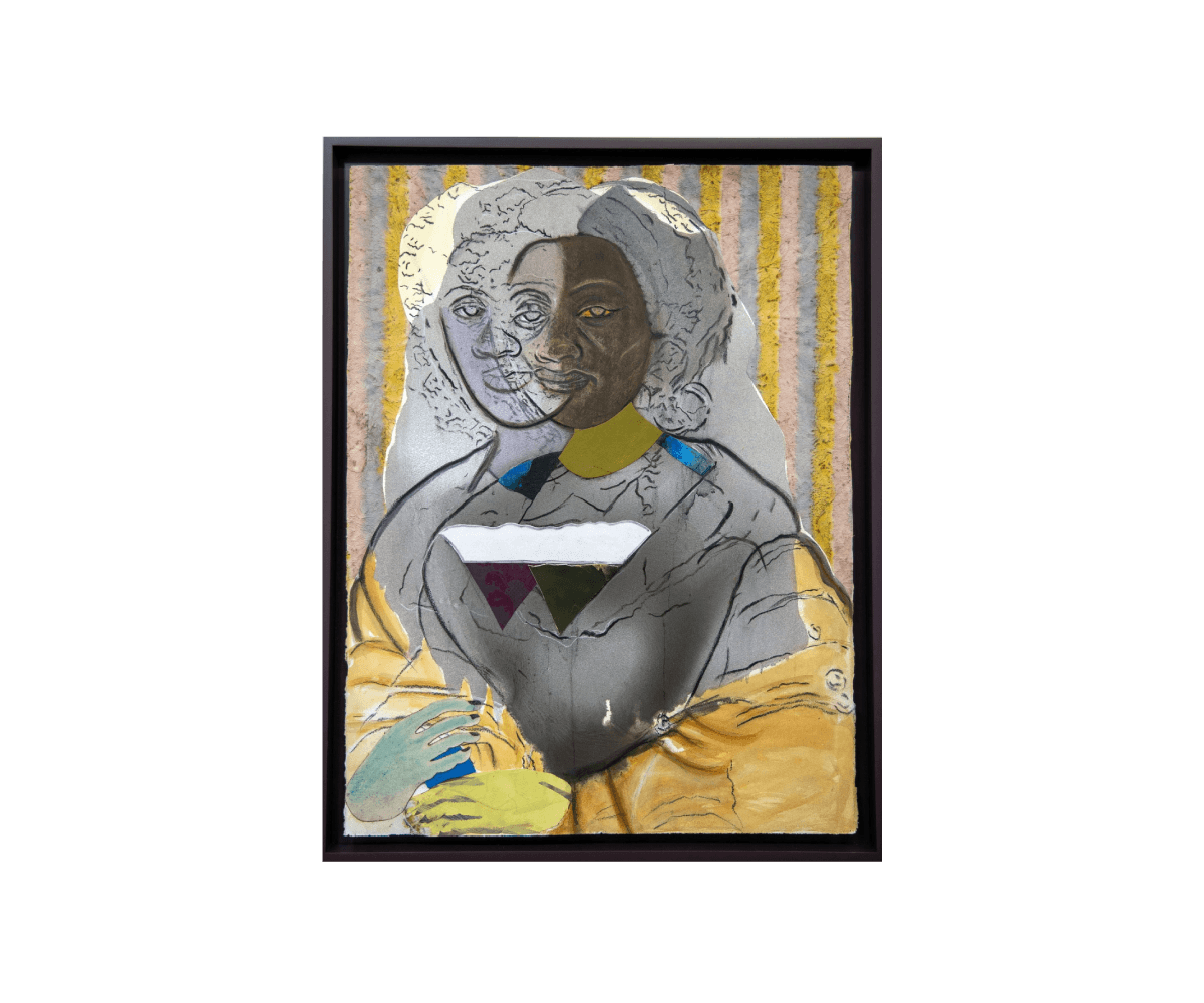 David Shrobe, <em>It’s Not All That Glitters</em>, 2024, Oil, acrylic, charcoal, painted canvas and paper, leather, printed paper, flocking on archival watercolor paper, and wood frame, 32 x 24½ x 1¾ in., 32 x 24½ x 1¾ in. (framed) David Shrobe, It's Not All That Glitters, 2024, Oil, acrylic, charcoal, painted canvas and paper, leather, printed paper, flocking on archival watercolor paper, and wood frame, 32 x 24½ x 1¾ in., 32 x 24½ x 1¾ in. (framed)