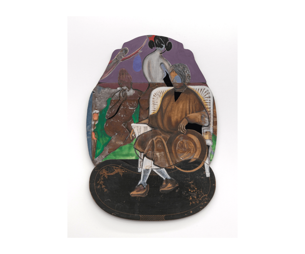 David Shrobe, <em>Skinny-dip</em>, 2024, Oil, acrylic, charcoal, leather, velvet, flocking and canvas on carved joined table tops, 68 x 48 in. David Shrobe, Skinny-dip, 2024, Oil, acrylic, charcoal, leather, velvet, flocking and canvas on carved joined table tops, 68 x 48 in.