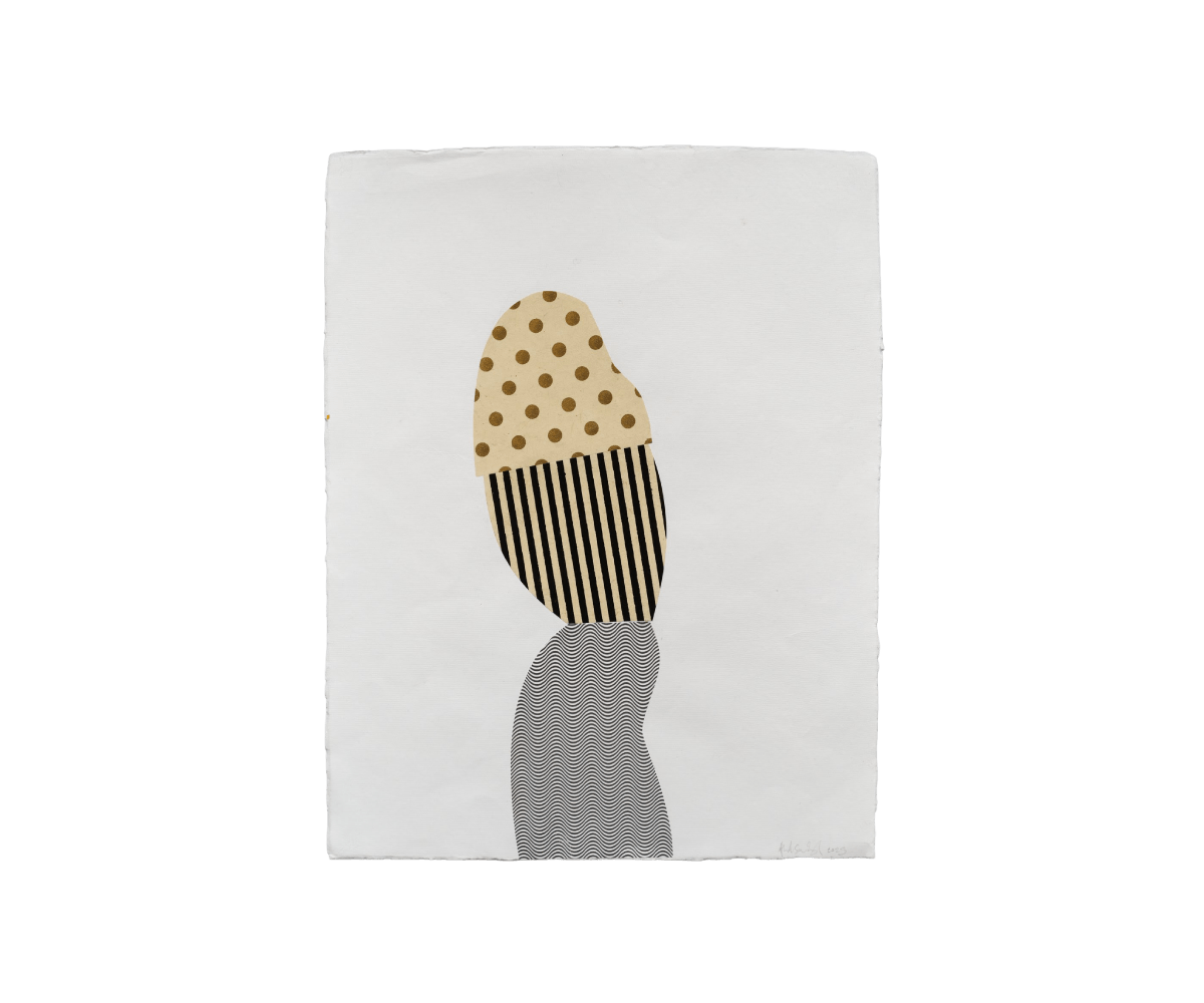Almond Zigmund, <em>Untitled (Heavy in the head)</em>, 2025, Mulberry collage paper on hand made cotton paper, 16½ x 12½ in. Almond Zigmund, Untitled (Heavy in the head), 2025, Mulberry collage paper on hand made cotton paper, 16½ x 12½ in.