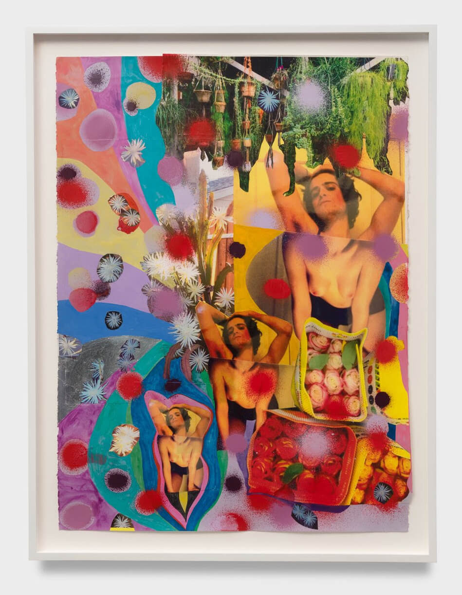 Sarah Cain, Flora and fauna, 2026, Color copy, silver leaf and acrylic on paper, 30 x 22 in.